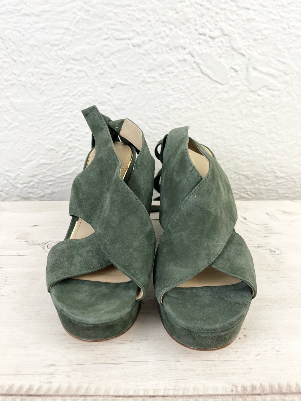 Etienne Aigner Wedge Heels Sandals Shoes Green Suede Tie Ankle 8.5 - Picture 6 of 15